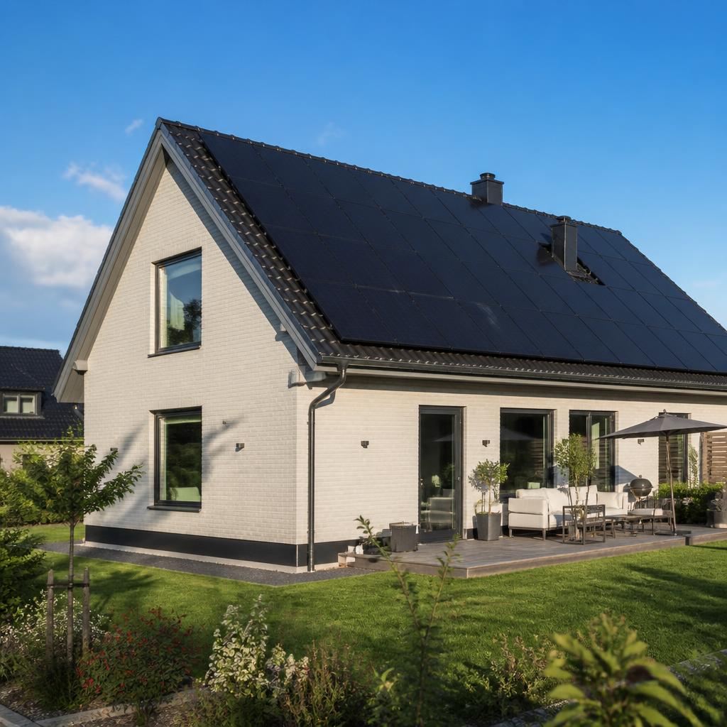 Solceller på taket av ett modernt svenskt villa